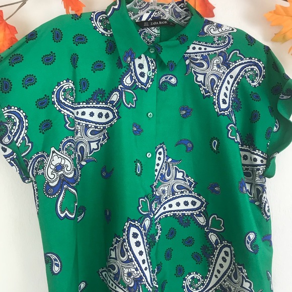 Zara Handkerchief Print Cuffed Short Sleeve Top S - Picture 5 of 7